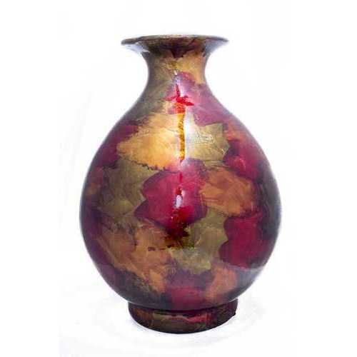 17.5" X 17.5" X 23.5" Copper Red And Gold Ceramic Foiled and Lacquered Ceramic Vase