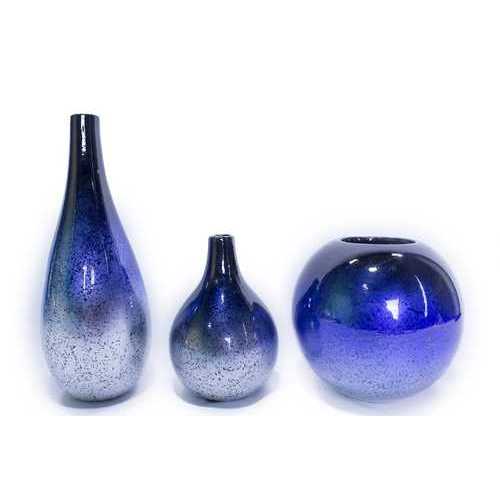 14" X 9.75" X 16" Blue And Silver Ceramic Piece Vase Set