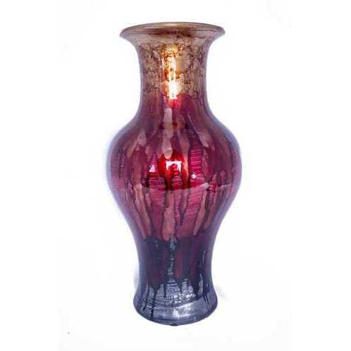 13" X 13" X 25" Brown, Red And Gray Ceramic  Foiled & Lacquered Ceramic Vase