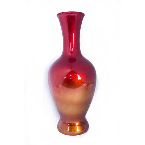 11" X 11" X 25" Red And Orange Ceramic Lacquered Ceramic Vase
