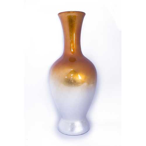 11" X 11" X 25" Orange And White Ceramic Lacquered Ceramic Vase