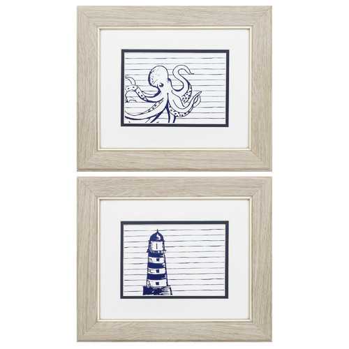 13" X 11" White Frame Blue Nautical (Set of 2)
