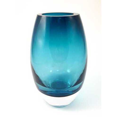 9" Mouth Blown Crystal Peacock Blue Crystal Vase