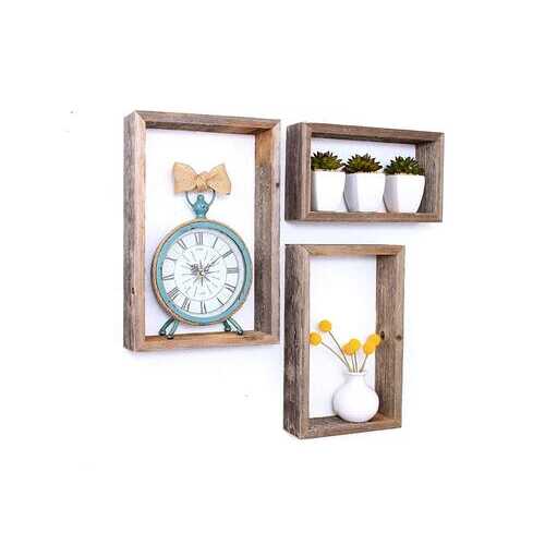 Set of 3 Rectangle Rustic Natural Weathered Grey Wood Open Box Shelve