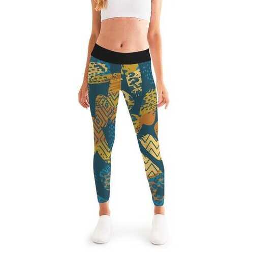 Womens Leggings, Blue and Gold Multiprint Style Athletic Pants