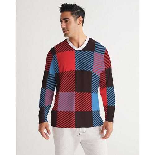Mens Shirts, Red Blue and Black Flannel Style Long Sleeve Sports Jersey Shirt