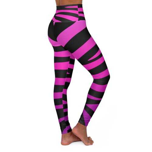 High Waisted Yoga Leggings, Purple and Black Stripes
