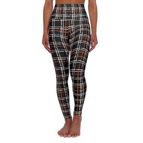 High Waisted Yoga Leggings, Black and Orange Tartan Style Pants