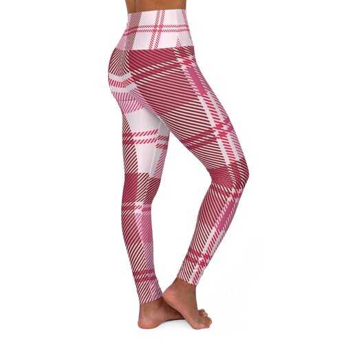 Womens Leggings, Pink and White Plaid Style High Waisted Fitness Pants