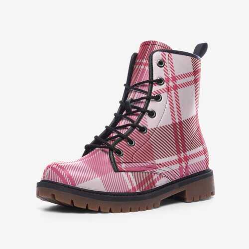 Leather Boots, Pink and White Plaid Style Martin Boots