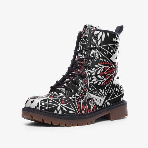 Leather Boots, Black and Red Floral Style Martin Boots