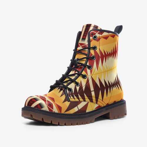 Leather Boots, Orange and Brown Geometric Style Boots