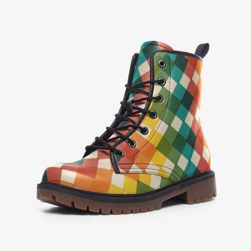 Leather Boots, Multi Square Color Block Martin Style Boots