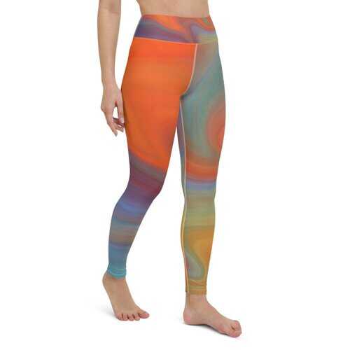 Womens Athletic Pants, Orange Swirl White Seam Style High Waist Yoga Leggings