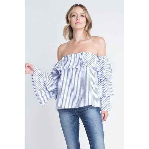 Women's Off Shoulder Stripe Ruffle Long Sleeve Top